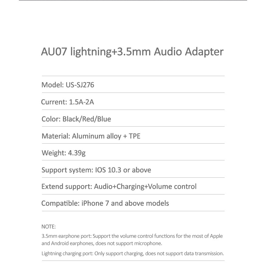 Lightning to aux and lightning splitter cable Adapter iPhone USAMS SJ276