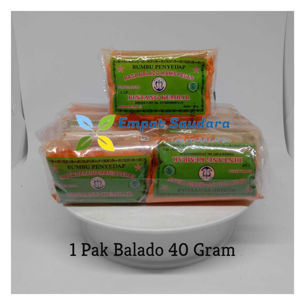 

SATU PAK BUMBU PENYEDAP RASA BALADO MERK BINTANG KEMBAR KEMASAN 40 GR ( ISI 12 PCS )