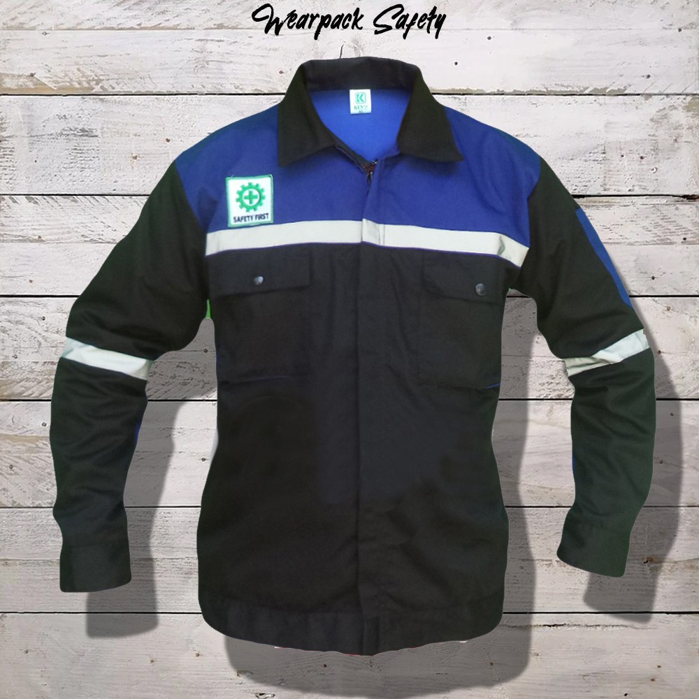 Wearpack Safety Hitam Biru Atasan Wearpack Lengan Panjang Seragam Kerja