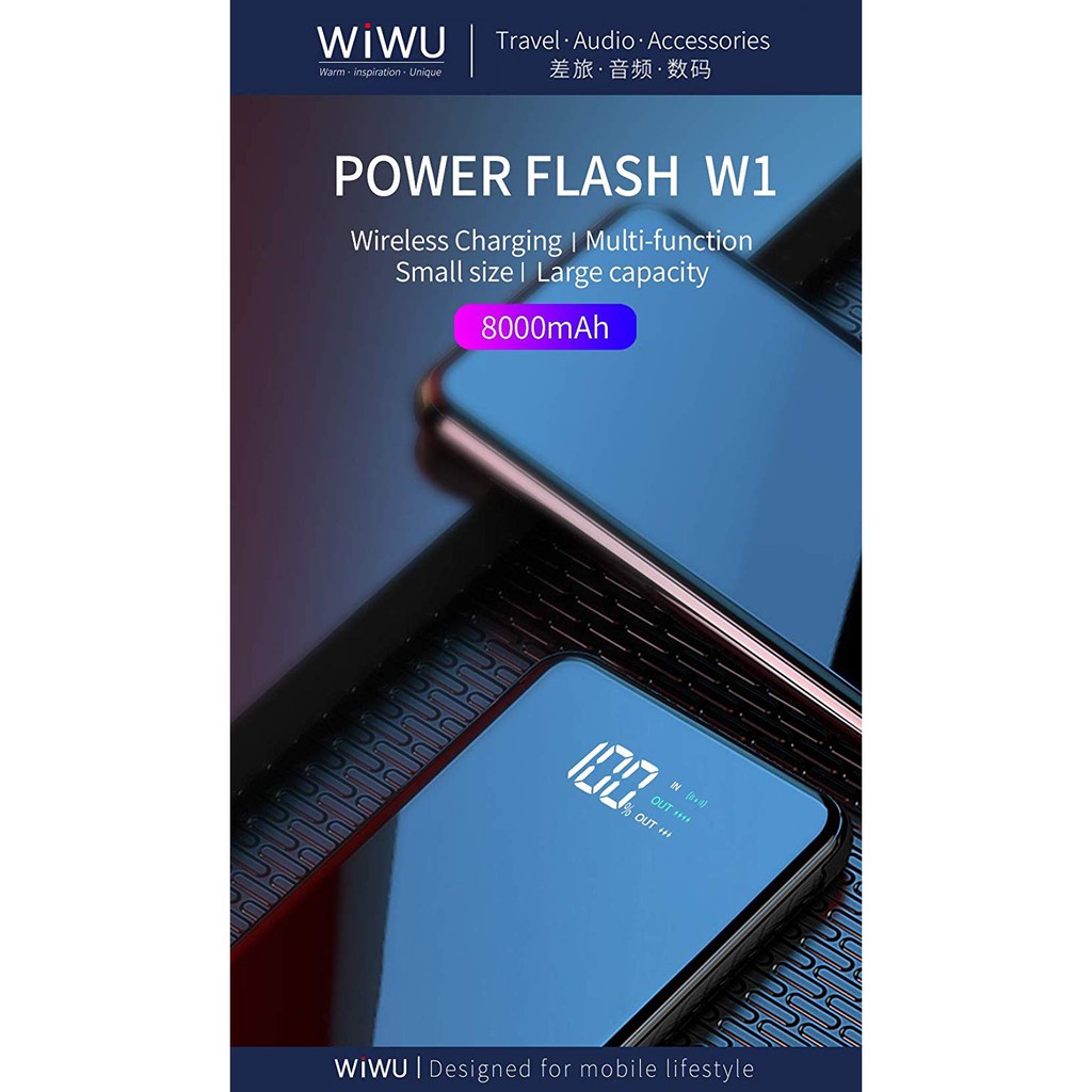 WIWU POWER FLASH W1 - 8000mAh Powerbank with Wireless Charging - Powerbank dengan Wireless Charging