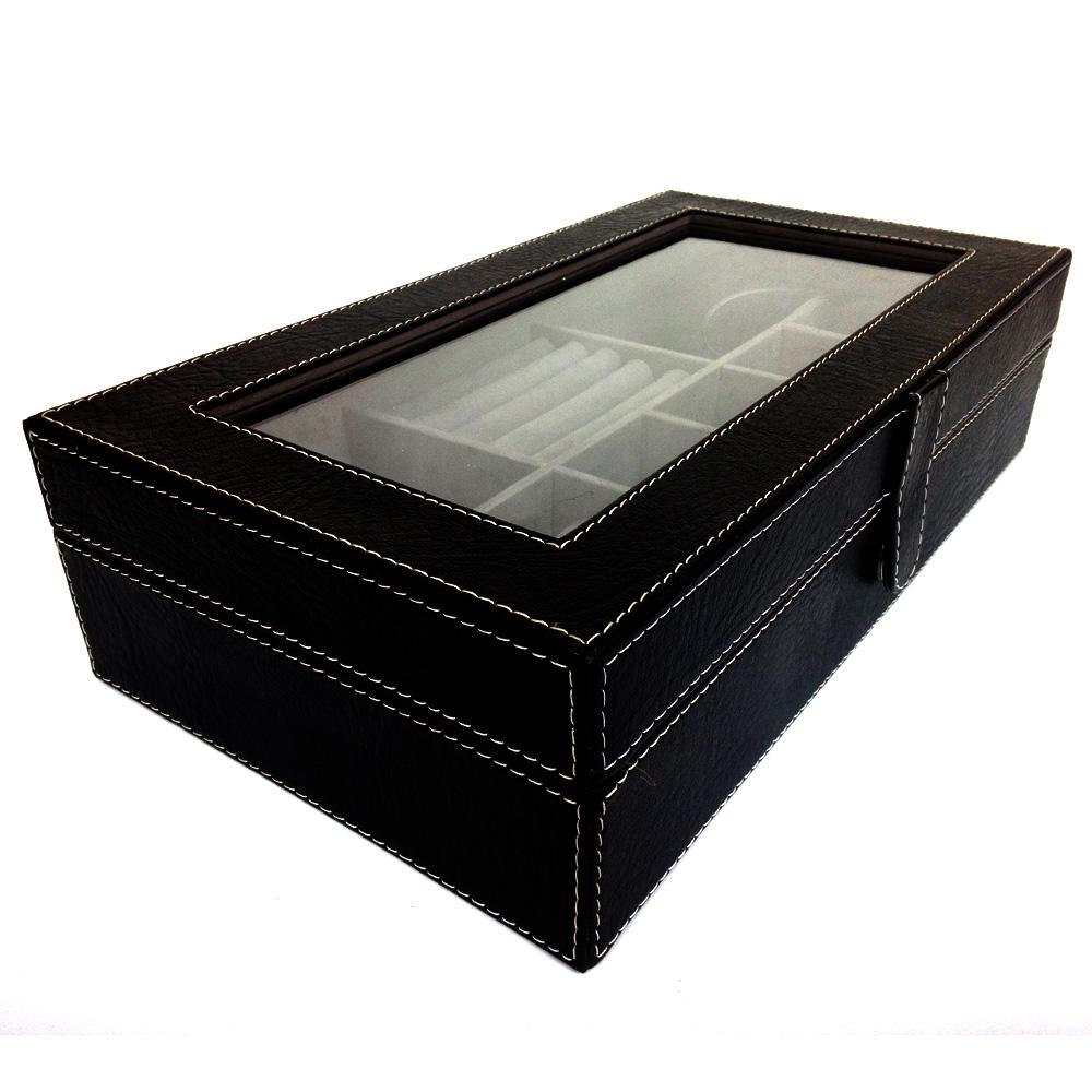 3 in 1 Kotak Jam Tangan isi 6 + Kotak Perhiasan + ACC - 31x18x8 cm - Hitam-Abu