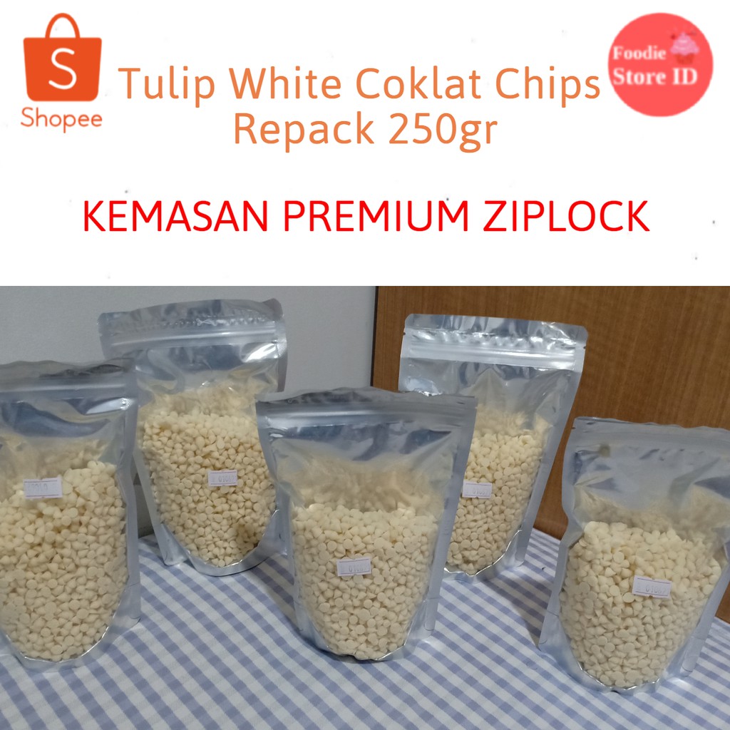 

TULIP Chocolate Chips White REPACK 250gr - Coklat Chips White TULIP Kemasan Premium Ziplock
