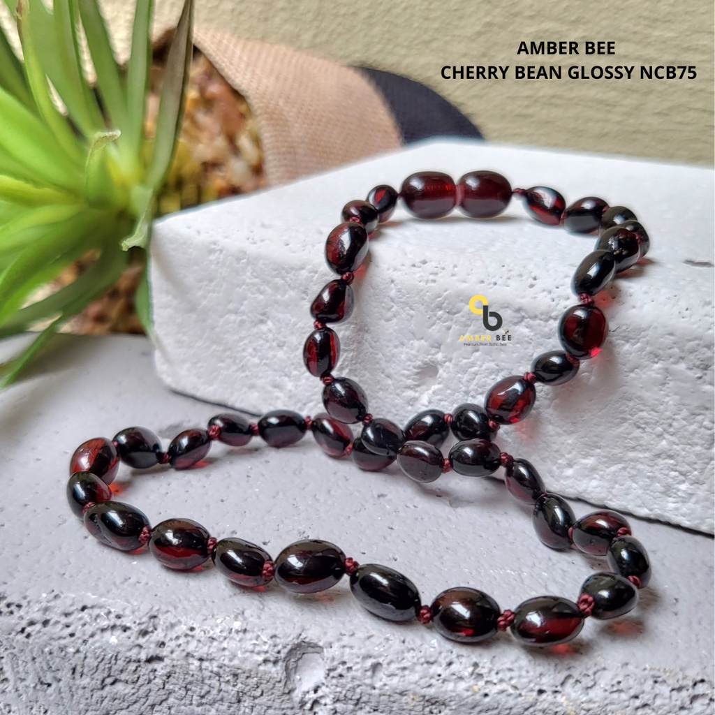 Kalung Amber Bayi Anak Premium Glossy Dark Cherry Beans BGCB68 By Amber Bee