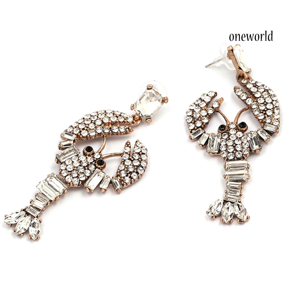 OW@ Creative Women Bling Rhinestone Inlaid Lobster Pendant Statement Stud Earrings