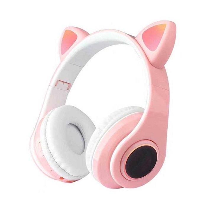Headphone Gaming Pink Kucing Headset Wireless Bluetooth 5.0 Cat Headphone LED With Mic