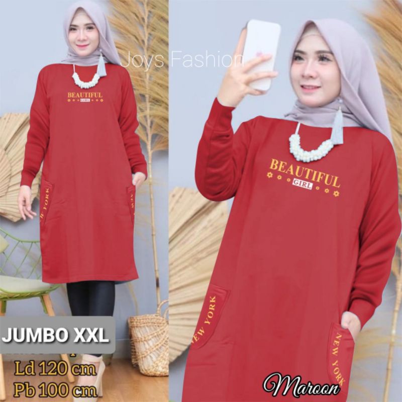 JF Tunik Kaos Wanita Lengan Panjang Jumbo Babyterry Xxl Dewasa Terbaru BEAUTIFUL LD 120 PJ 100