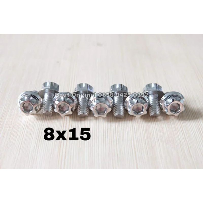 baut probolt 8x15 mm stainless new model drat 12 panjang 1.5 cm 12 silver gs1 gear 2 kunci belimbing heng