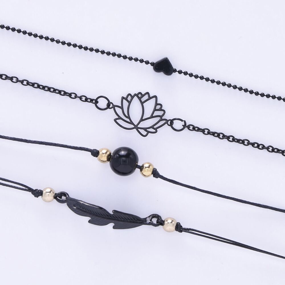 4 Pieces / Set Fashion Simple Black Pearl Love Leaf Lotus Bracelet / Fashion Braided Handmade Bangles