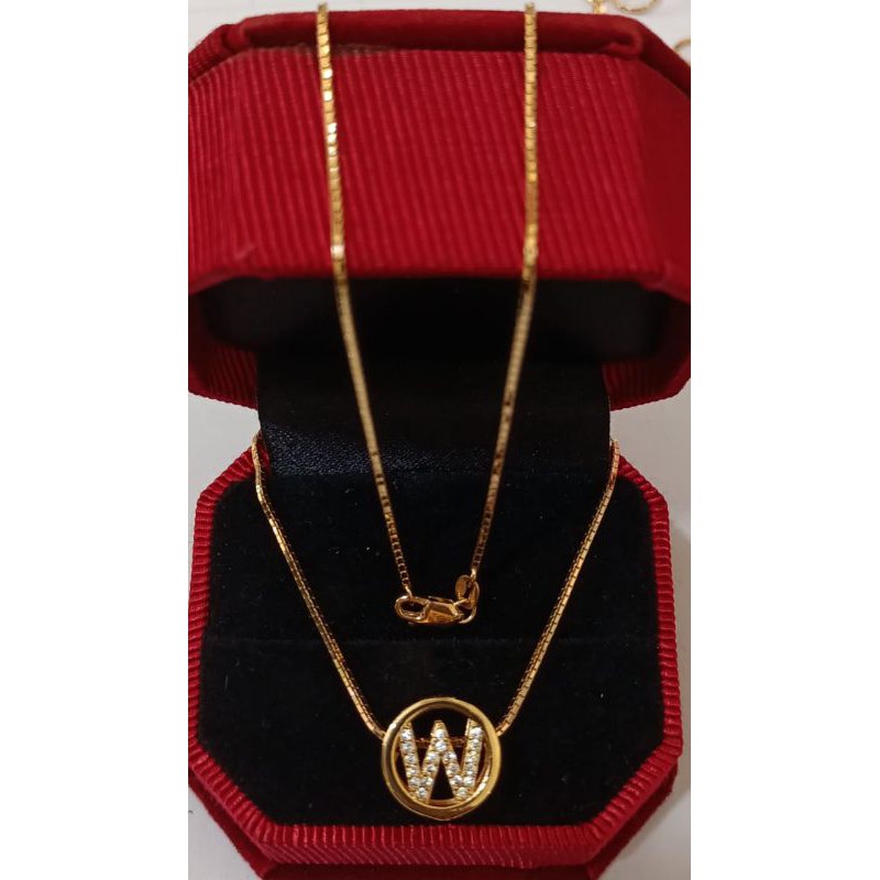 Kalung Itali Santa + Liontin Huruf, Perak 925, Sepuh Emas Kuning