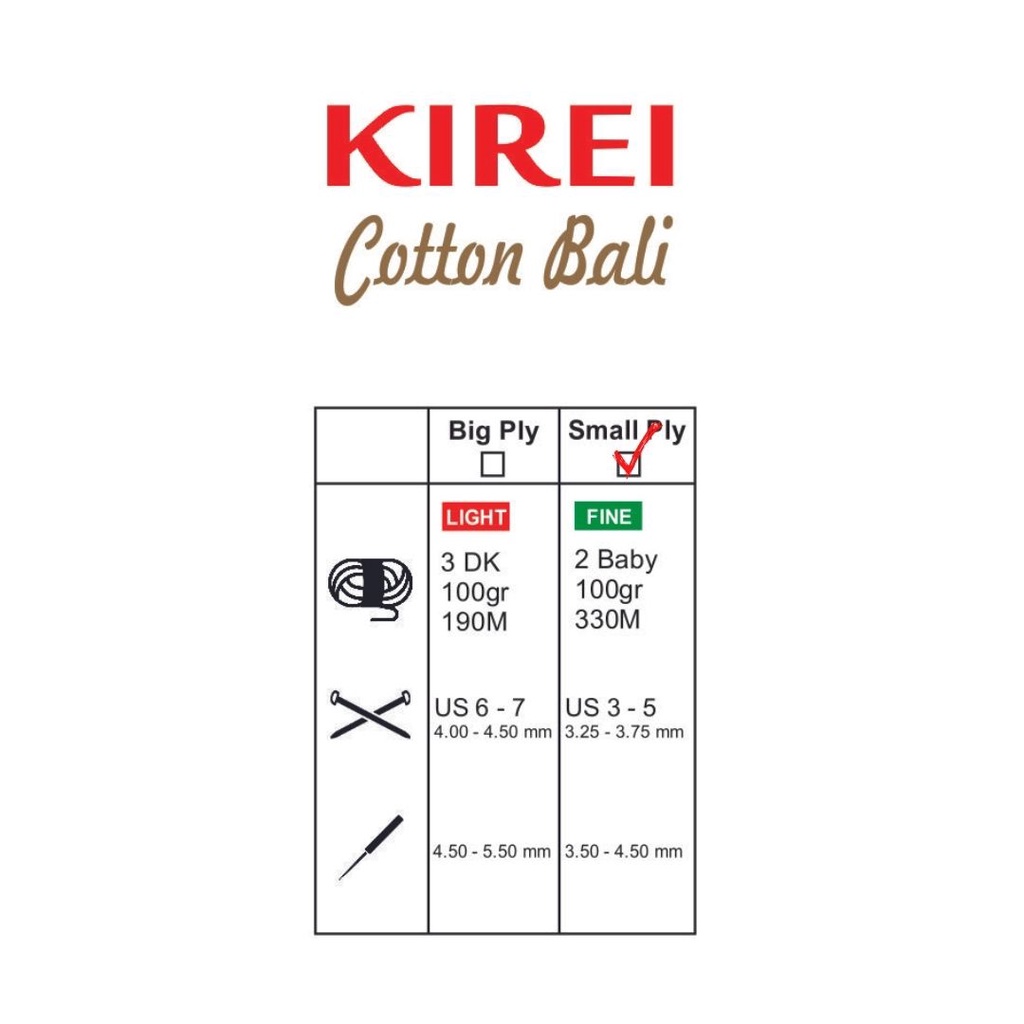 Benang Rajut Katun Bali - Kirei Soft Cotton Small Ply Panjang 330M - Premium Rajut Lapis Tipis - Tebal Fine 2 Baby Berat 100 gram