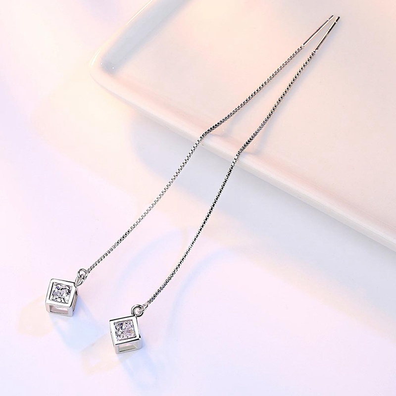 1Pair 925 Sterling Silver Earring Crystal Cube Shape Earrings