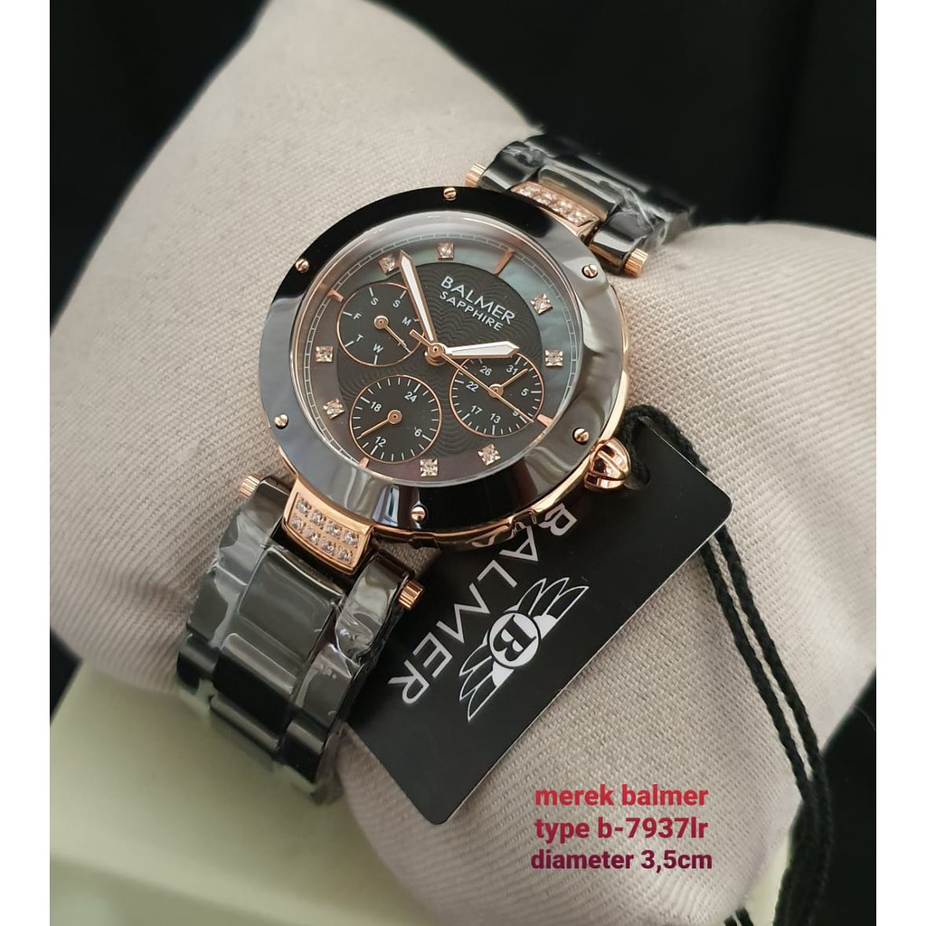 Jam Tangan Balmer Fasion Cewek Wanita Full Keramik Ceramic Kaca Safir B-7937LR Hitam Rosegold