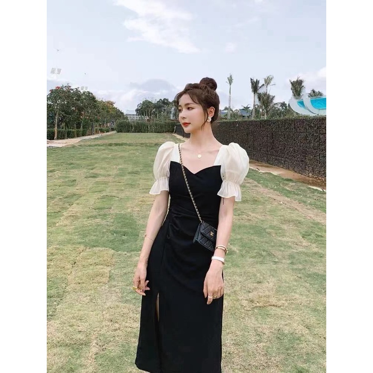 #53 Dress Wanita Korea Midi Long Dress Puffy Sleeves Motif Polos (M/L/XL)