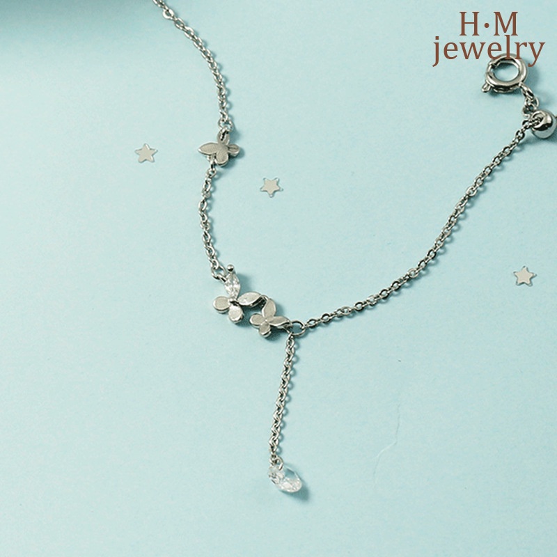 Gelang Kaki S925 Silver Model Rumbai Kupu-Kupu Aksen Berlian Butterfly