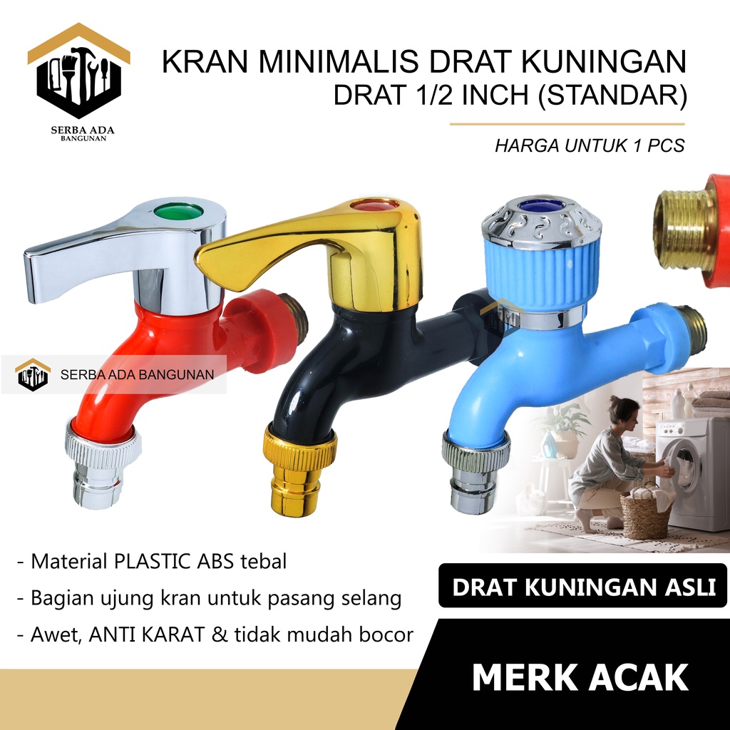 Kran Air Plastik 1/2&quot; Drat Kuningan Keran Taman 1/2 Inch Engkol Mahkota