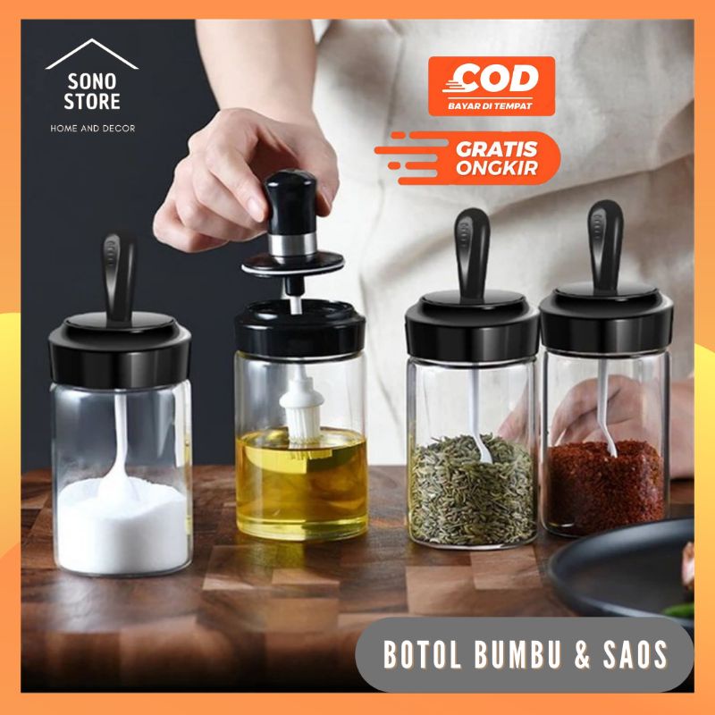 Botol Tempat Saos Minyak Bumbu Dapur Bahan Kaca Tutup Sendok Unik