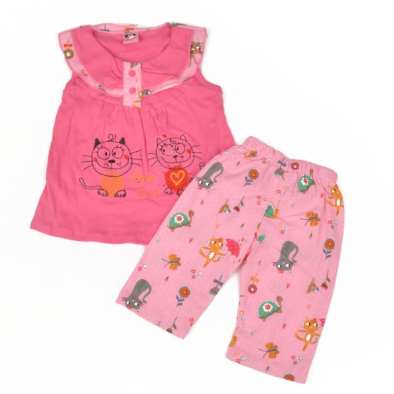 Setelan baju anak perempuan 1 tahun motif love cat (sr.146) free tas warna orange fanta pink