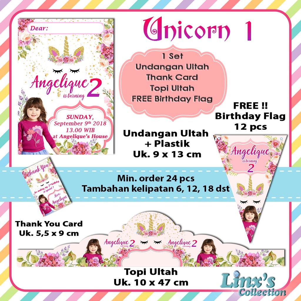 Souvenir Ultah 1 Set Undangan Ultah Anak Kartu Souvenir Topi Ulang Tahun Unicorn Shopee Indonesia