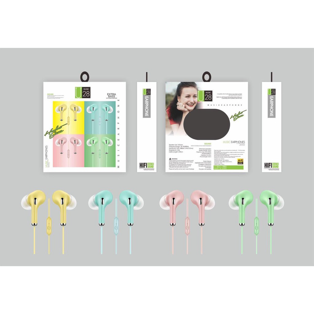 U28 Music Earphone Macaron Matte Color Headset Macaron U28 Hifi Stereo Sound