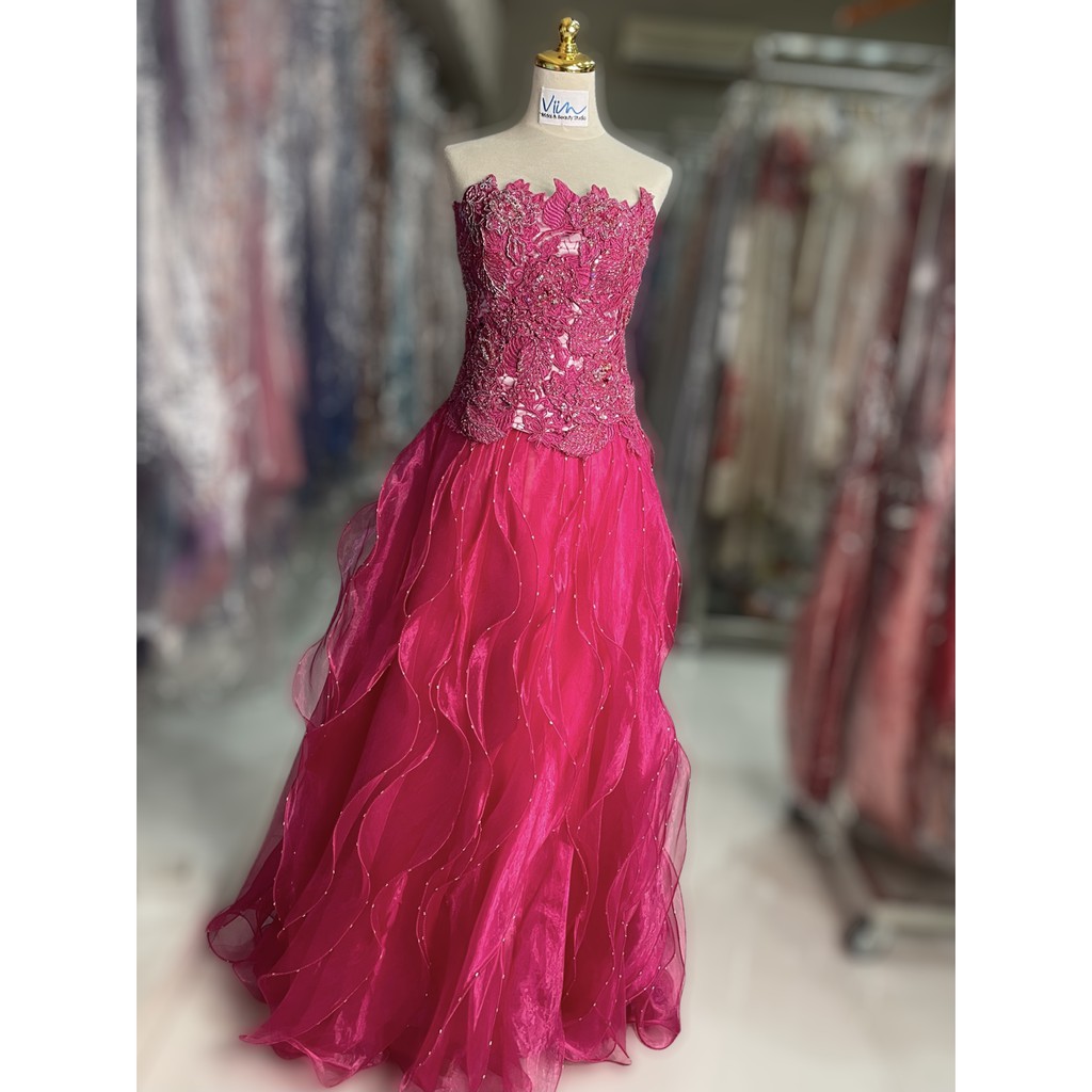 Pink Magenta Organza Brocade Beads Top Dress