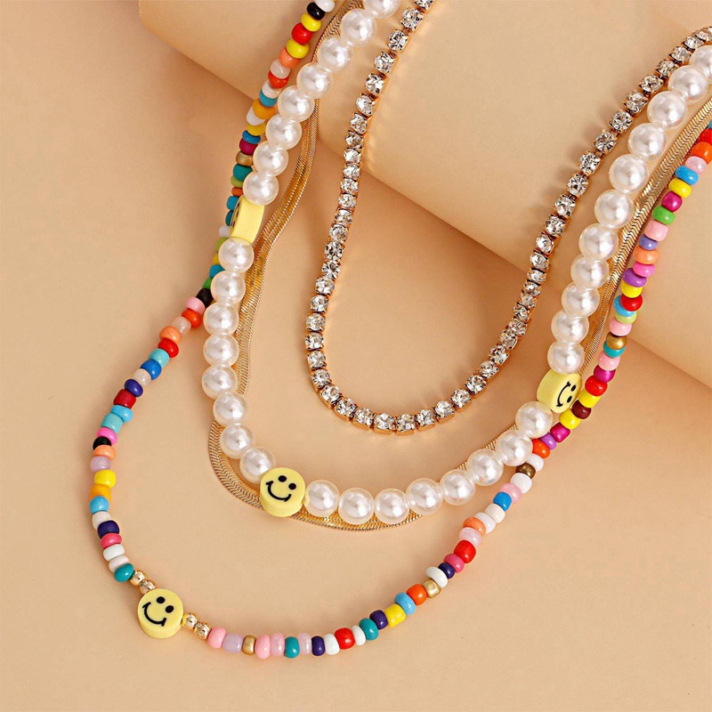 Kalung Choker Rantai Manik-Manik Mutiara Multilayer Bahan Akrilik Warna Pelangi Gaya Bohemia Untuk Wanita