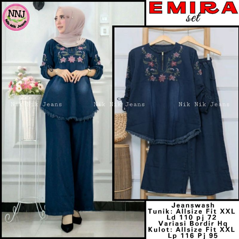 EMIRA ONE SET JEANS BAHAN JEANS WASH UKURAN ALL SIZE FIT TO XXL TUNIK LD 110CM PJ 72CM VARIASI BORDI