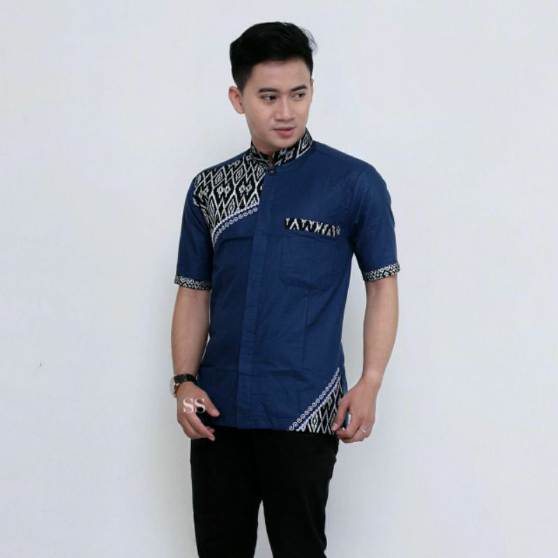 BAJU KOKO LENGAN PENDEK KOKO KOMBINASI PENDEK BAJU MUSLIM LENGAN PENDEK KOMBINASI BATIK MOTIF SLEMPA