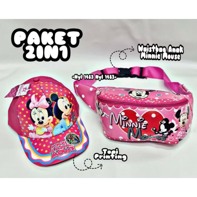 Paket 2in1 tas selempang bahu waistbag anak + topi full print motif kartun lucu