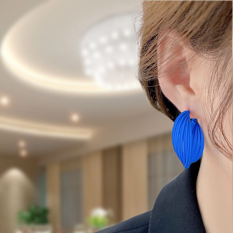 Anting Hoop Geometris Multilayer Bahan 925 Silver Needle Warna Biru Gaya Retro Korea