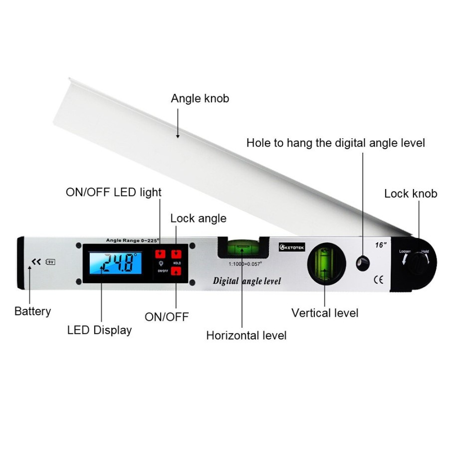 Digital Inclinometer Goniometer Level Angle 225 Degree 400mm - KET-200 - White