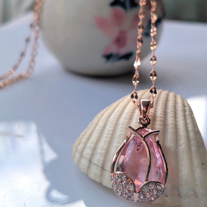 Kalung Lapis Emas 999 Swarovski Premium Korea Liontin Pink Rose