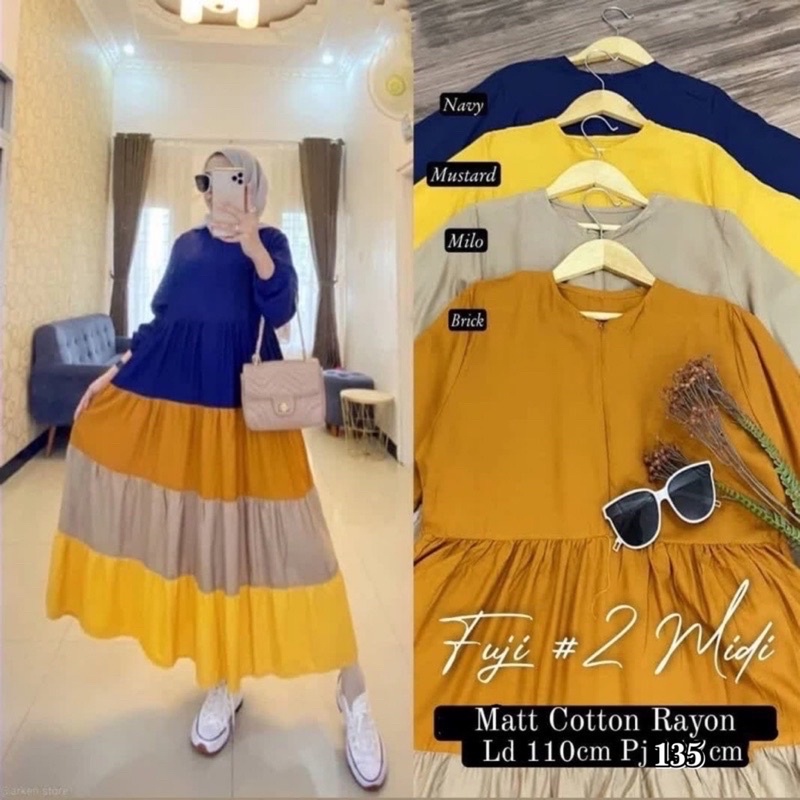 Midi Dress Fuji - Gamis Pelangi Lengan panjang - Gamis Fuji Susun Lengan Karet Midi Dress Muslim - G