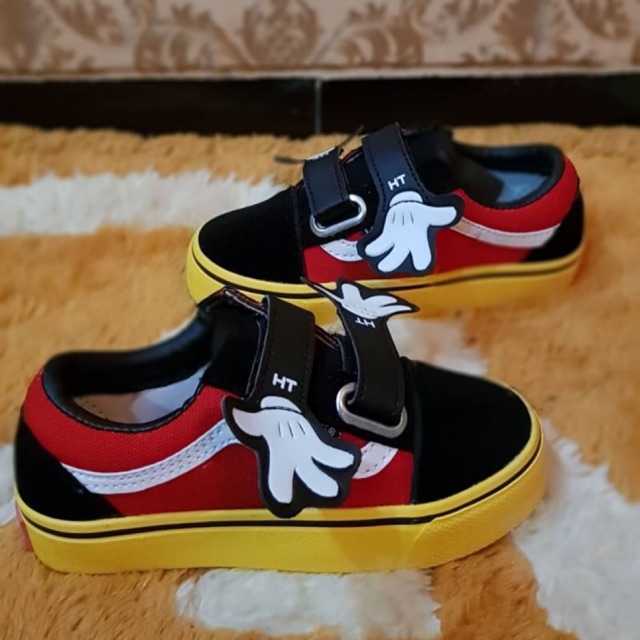 Sepatu Anak - Vans Old Skool Strap Mickey Mouse Black Red Yellow - GO