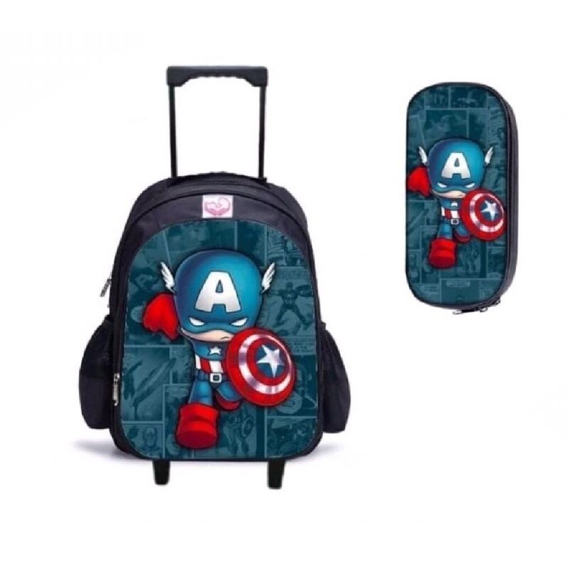 Tas Ransel Troli Anak Karakter Superhero/ Tas Ransel Trolley Dorong Anak Laki-laki Free Pouch [BISA COD]