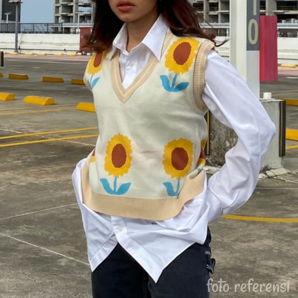 Rompi rajut motif bunga matahari gaya korea untuk wanita /sunflower vest