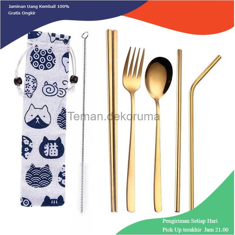 TD - PR1 Tofok Cutlery Set Perlengkapan Makan Sendok Garpu Kitty Cloth Bag T5