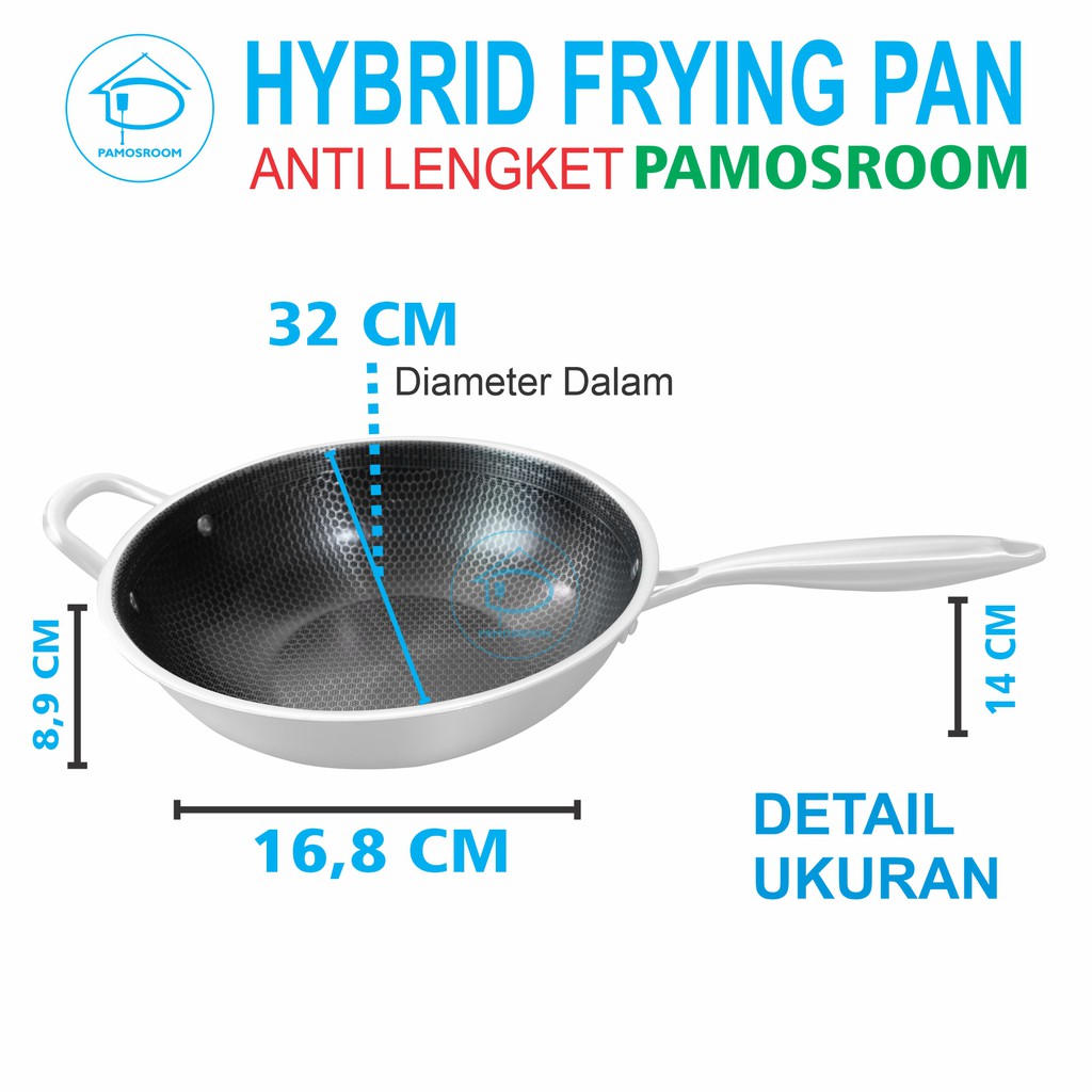 Pamosroom Teflon Hybrid 34cm Bahan Stainles Anti Lengket Wok Pan Honeycomb Cubic Nonstick Technology