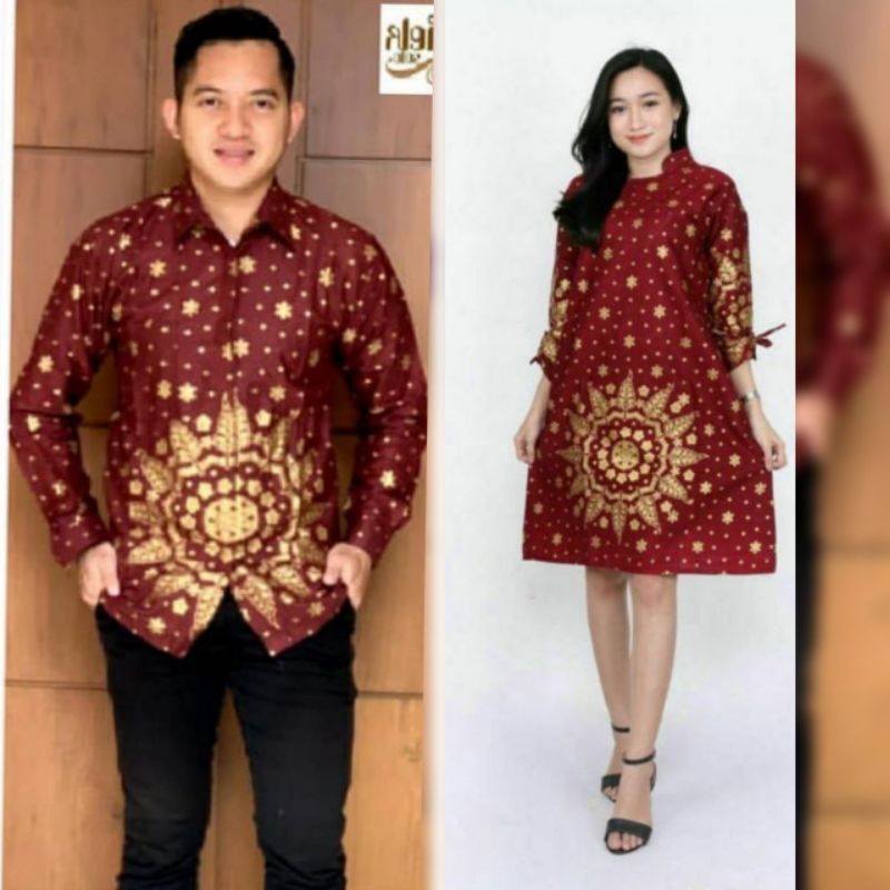 Maura Couple - Sania Ruffle Batik Keluarga Couple Jazy Gamis Syar'i - Gamis Kerah Jazy Terbaru Motif Matadaun Maroon 2022