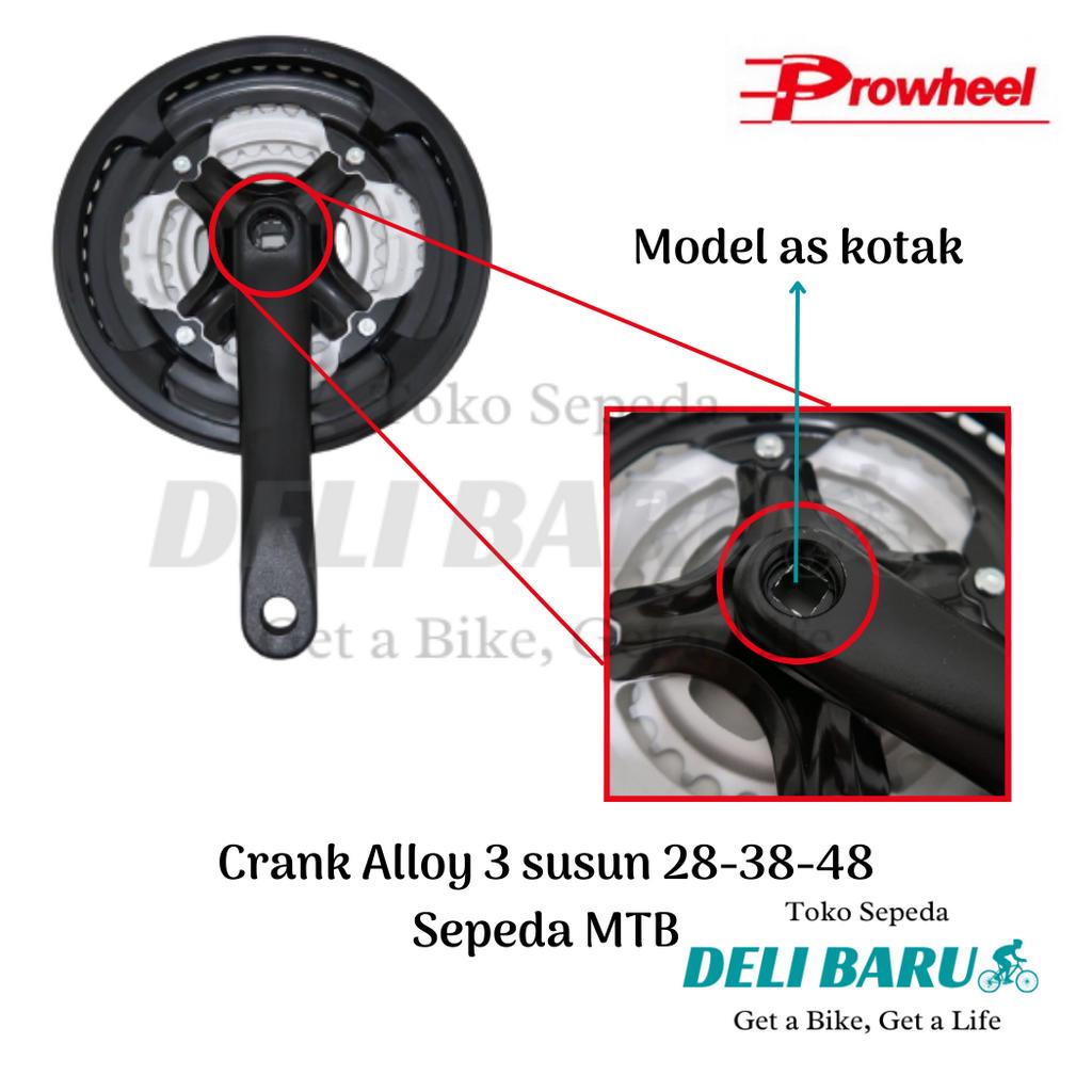 Prowheel Crank 3 susun alloy hitam silver 28 38 48T sepeda MTB