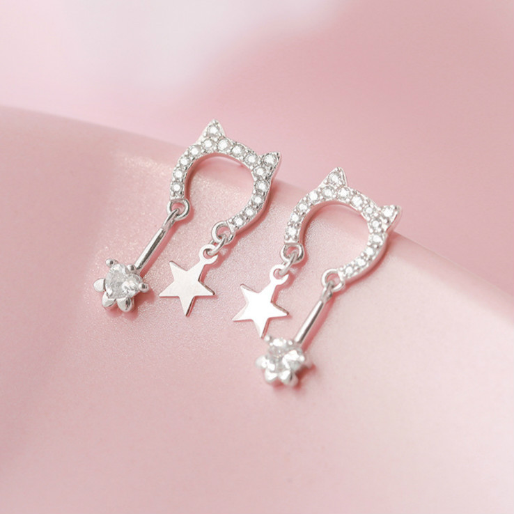 Anting Stud 925 Silver Needle Bentuk Kucing Bahan Zirkon Gaya Minimalis