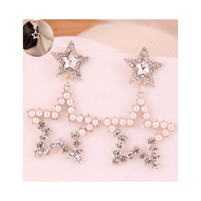 LRC Anting Tusuk Fashion 925 Silver Needle Metal Hollow Double Five-pointed Star Stud Earrings A5873