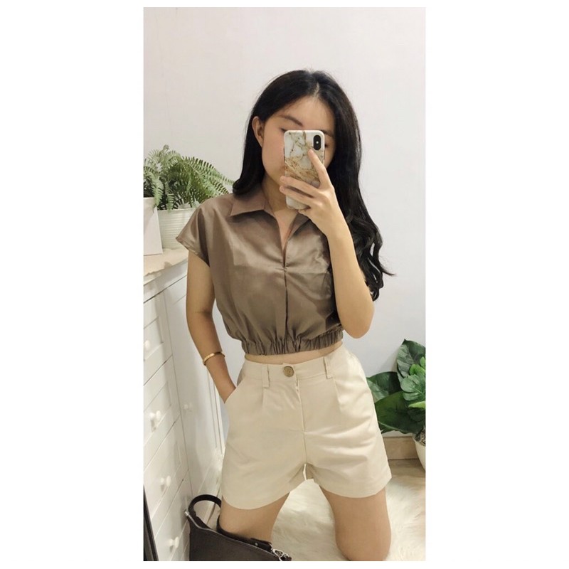 Bona top—atasan crop wanita korea—kemeja blouse wanita korea crop—kemeja crop polos