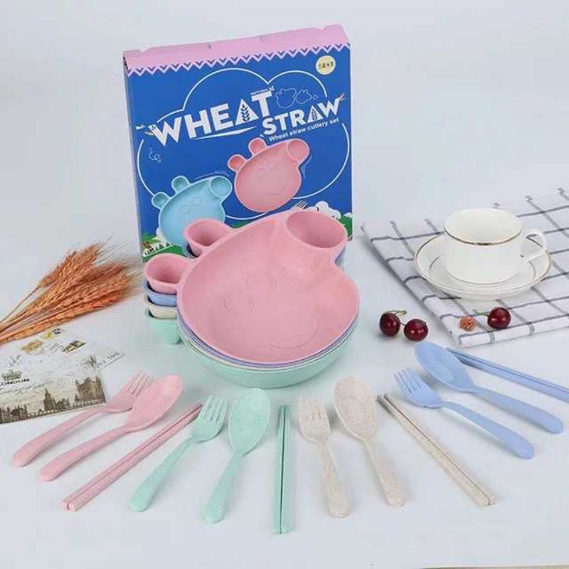 Piring Makan Set Anak Piggy Bahan Wheat Straw Food Grade / Tempat Makan Anak Bahan Jerami