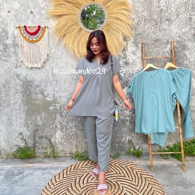 Pajamas Polos Busui Lengan Pendek Celana Panjang Bahan Katun Rayon LD 120