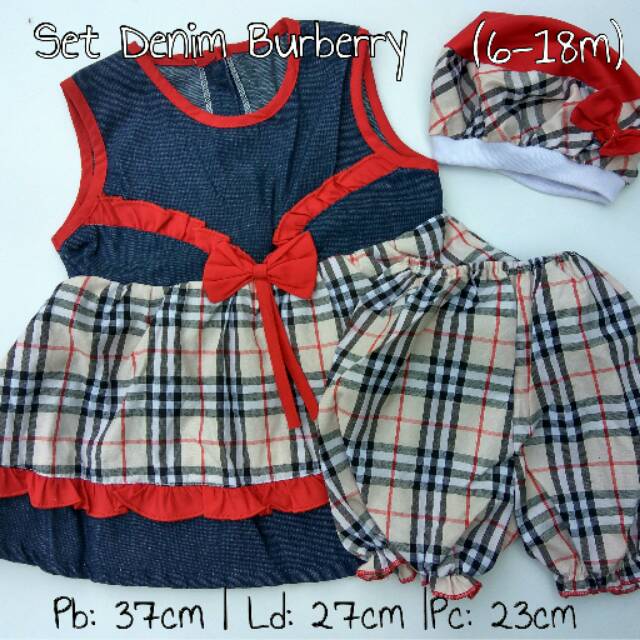 Buy 1 get 3 dress + celana karet + topi, Set burberry denim anak perempuan 6-18 bulan