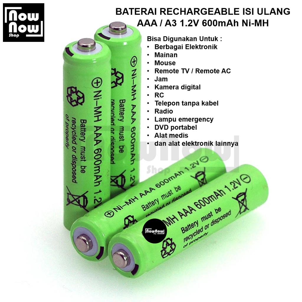 Baterai Rechargeable Isi Ulang AAA / A3 1.2V 600Mah Ni-MH Battery Batre Cas Universal Serbaguna Nickel-Metal Hydride Alat Elektronik Jam Alarm Mainan Anak XBox Mouse Lampu Remote TV AC Kamera Digital Telepon Wireless Radio DVD Portabel Alat Medis