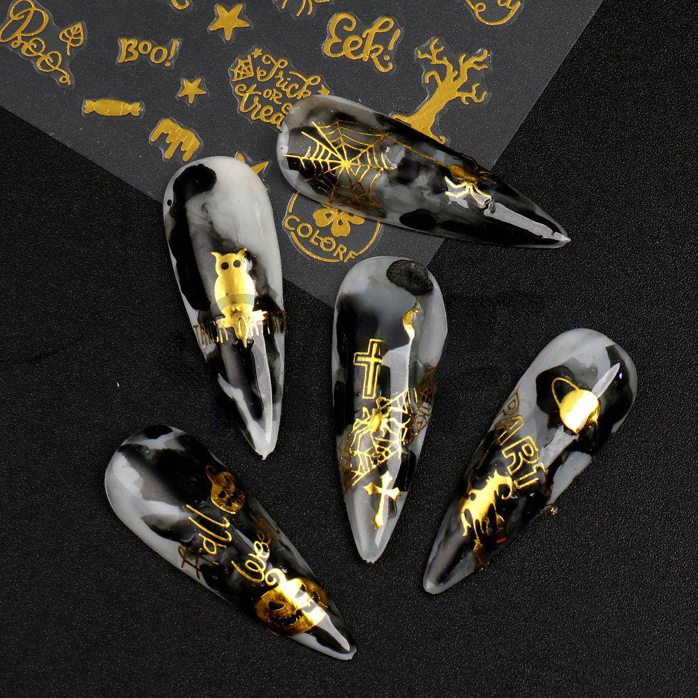 Mxbeauty Halloween Stiker Kuku Set 3D Kelelawar Dekorasi Kuku Labu Kuku Salon Hologram Manicuring Sticker