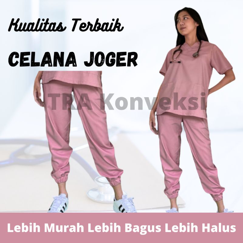 Baju Ok Celana Joger Lengan Panjang Pendek untuk Pria Wanita Jaga Dokter Perawat Bidan Warna Merah M