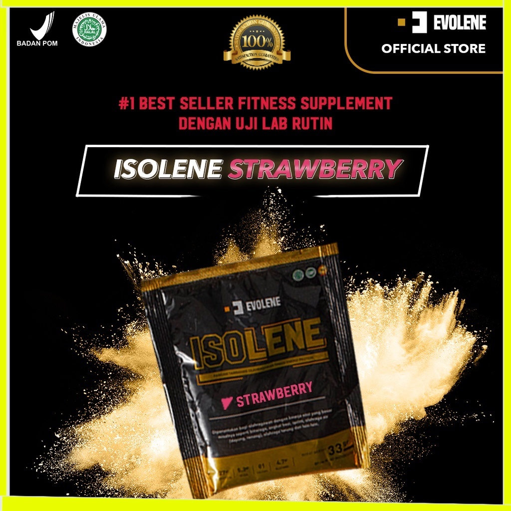 Isolene Strawberry SACHETAN - Suplemen fitness pembentuk Otot - Defisit kalori - Susu Protein - Suplemen Fitness - Minuman Protein - Suplemen Workout - Whey protein isolate Evolene Evoline Evolen