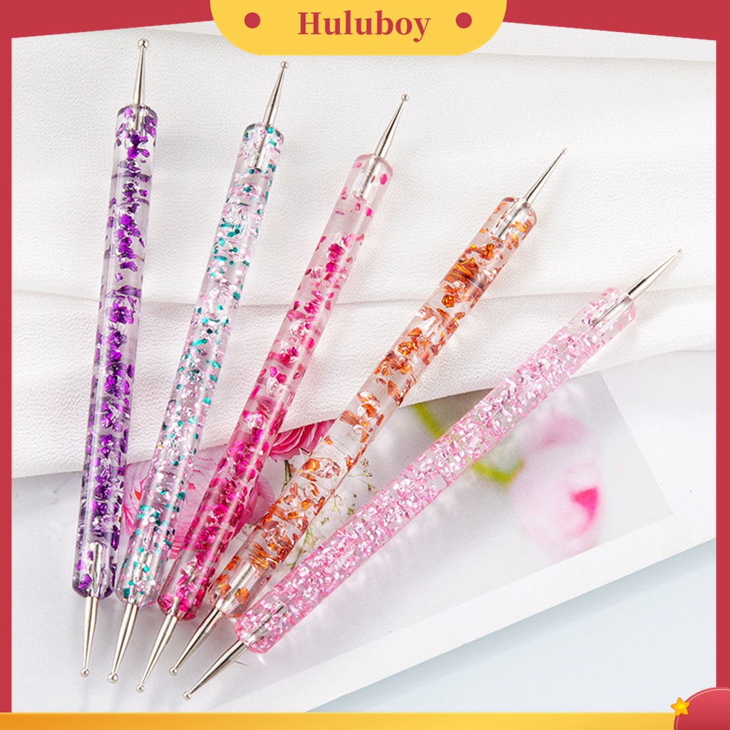 Huluboy Huluboy♡ 5pcs / Set Dotting Pen Kepala Ganda Bahan Akrilik UV Gel Motif Print Bunga Untuk Manicure